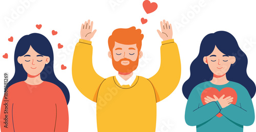 Self love and emotional wellbeing vector illustration with people expressing happiness gratitude and positive feelings