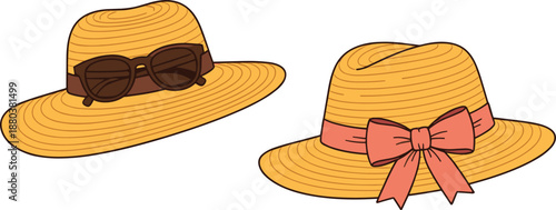 Straw summer hats vector illustration set with sunglasses and bow ribbon accessories for beach fashion isolated on white