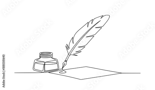 Minimal continuous line quill pen ink and paper vector illustration editable stroke