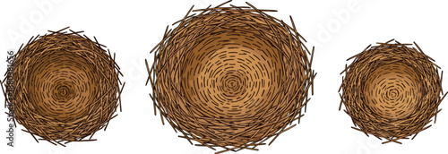 Straw hay nests vector illustration set with round woven bird nests natural rustic texture isolated on white