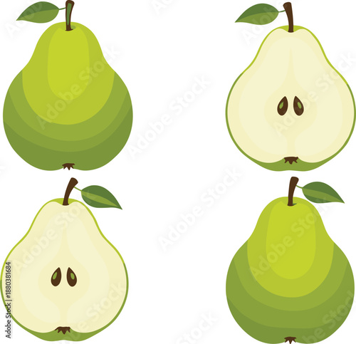 Fresh green pear fruit vector illustration set with whole and sliced pears isolated on white background