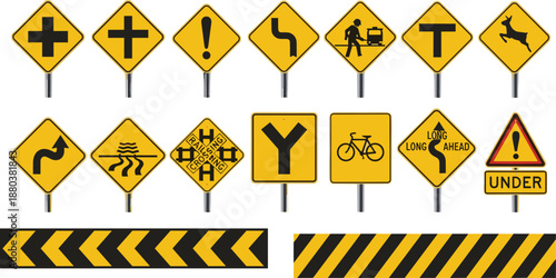 Yellow traffic warning road signs collection, caution symbols intersections curves animals construction cycling hazards, highway safety signage vector illustration