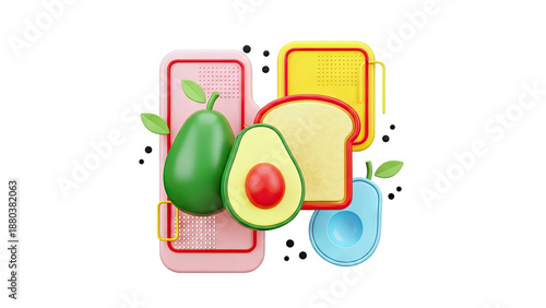 3D Rendering of Avocados and Toast with Colorful Cutting Boards