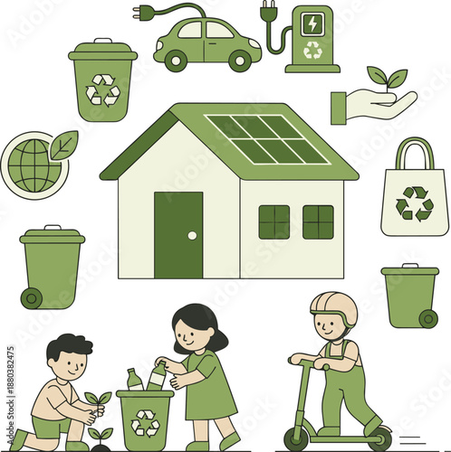 Eco friendly sustainable lifestyle vector illustration with green energy recycling electric transport and environmental awareness icons
