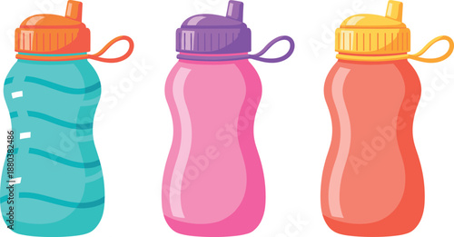 Reusable water bottles vector illustration set with colorful plastic drink containers for fitness sports and healthy lifestyle