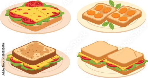 Sandwich toast variations vector illustration set with cheese vegetables eggs and layered breakfast food isolated on white