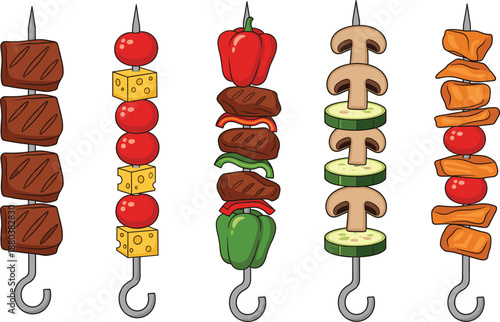 Grilled kebab skewers vector illustration set with meat cheese mushrooms vegetables and barbecue food combinations