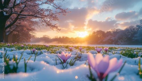 Sunrise over a snowy meadow with blooming crocuses and cherry blossoms; a beautiful transition from winter to spring