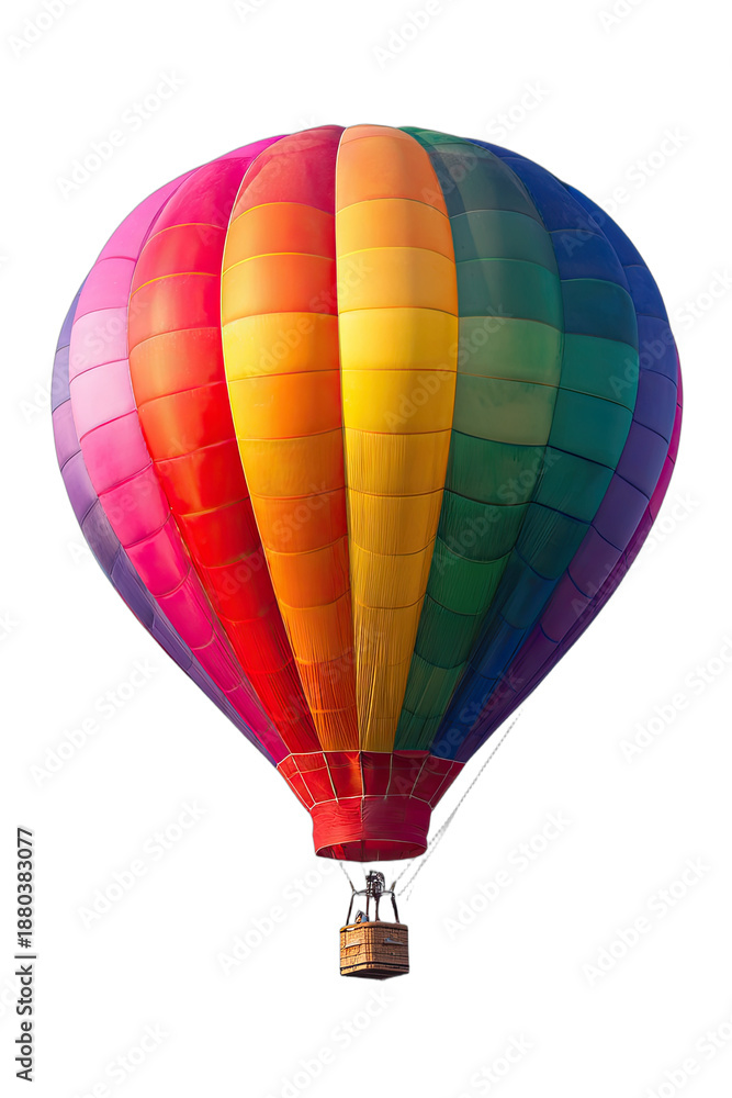 Fototapeta premium A vibrant, multicolored hot air balloon, ascending against an isolated background
