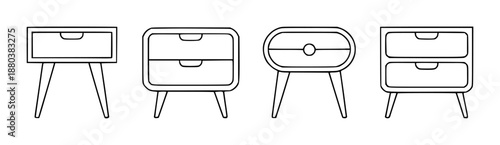 Collection of black outline of bedside tables with drawers and tapered legs nightstand furniture