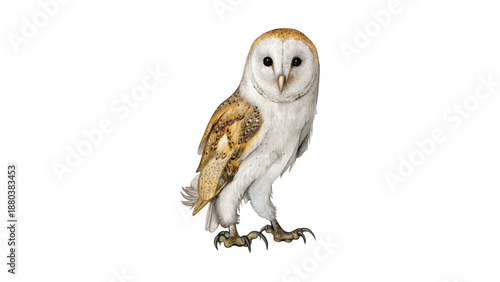 Realistic Barn Owl Standing Isolated on White Background