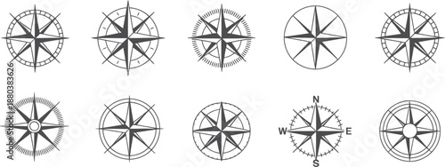 Collection of detailed black compass rose vector illustrations showcasing directional markings perfect for navigational designs on transparent background high-quality professional