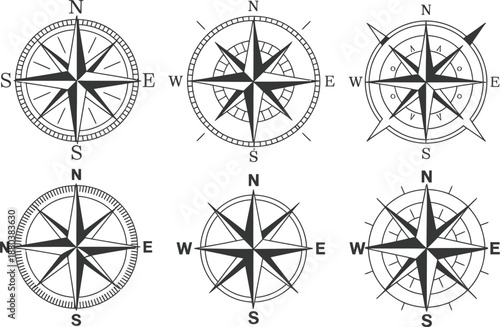 Detailed illustration of six black and white compass roses with cardinal directions displayed ideal for design work on transparent background