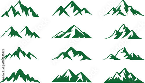 Collection of green mountain silhouettes in various shapes and sizes on white background high-quality professional detailed modern elegant stylish clean