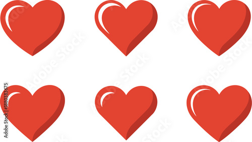 Six red hearts with shiny effect on white background in two rows high-quality professional detailed modern elegant stylish clean crisp