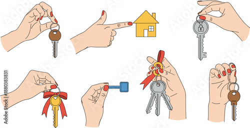 Hands, holding, house, keys, real, estate, concept, home, ownership, property, purchase, rental, security, mortgage, illustration, set, isolated, white, background, vector