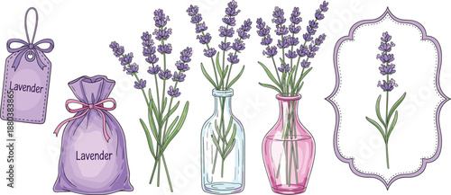 Lavender floral elements vector illustration set with sachets bouquets glass bottles and decorative botanical frames