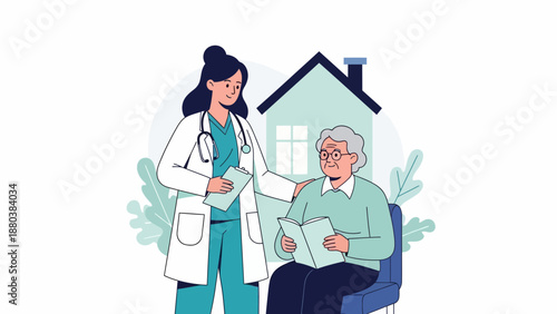 Female doctor consulting elderly patient at home with medical papers