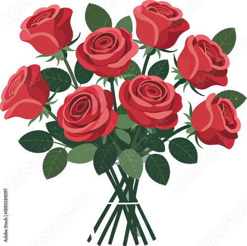 Vector Bouquet of Red Roses: Vibrant Floral Arrangement with Green Leaves, White String Tie, and Symmetrical Romantic Composition.