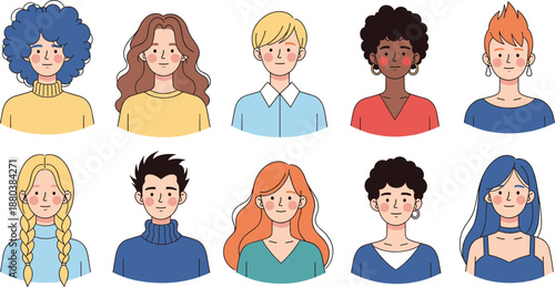 Diverse people avatars vector illustration set with men and women portraits in modern flat cartoon style