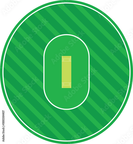 Cricket ground with pitch top view, cricket field courts flat icon vector, grass stadium, circle arena for tournament and matches.