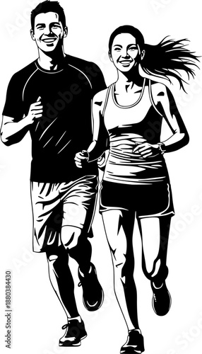 Running man and woman, isolated vector silhouettes. Run, side view. Silhouettes of athletic looking male and female runners running. Transparent background EPS version.