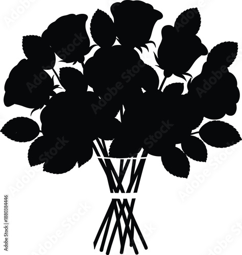 Silhouette Vector of Rose Bouquet: Elegant Floral Composition with Petals and Leaves in Bold Black Stylized Decorative Design.