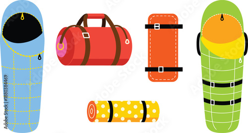 Camping sleeping bags and travel gear vector illustration set with duffel bags and rolled mats isolated on white