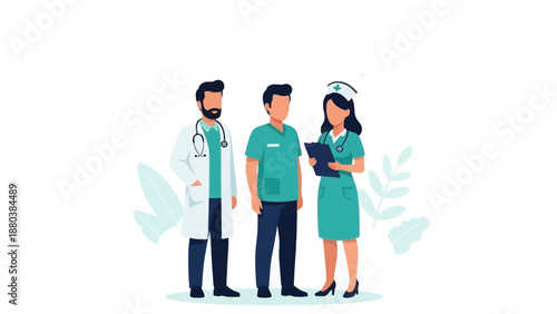 Medical professionals discussing patient care in a modern clinic setting