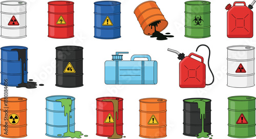 Hazardous waste barrels and fuel containers illustration, leaking toxic chemical drums with warning symbols, industrial danger vector set