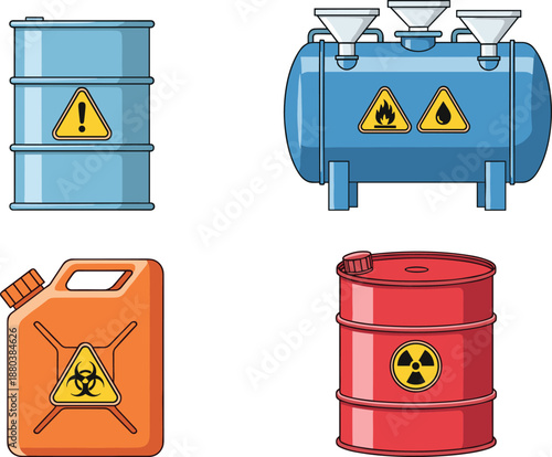Hazardous chemical containers set, industrial barrels tanks and canisters with warning symbols, flammable toxic radioactive materials illustration