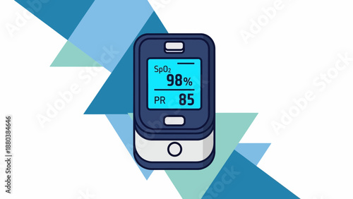 Pulse oximeter on white background with blue geometric shapes