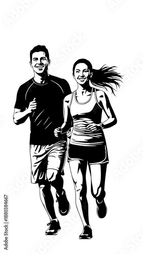 Running man and woman, isolated vector silhouettes. Run, side view. Silhouettes of athletic looking male and female runners running. Transparent background SVG version.
