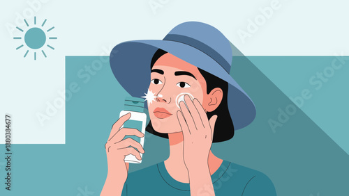 Woman applying sunscreen on her face with a hat on sunny day