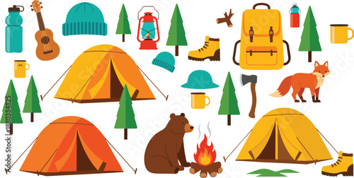 Camping adventure vector illustration set with tents forest animals backpack lantern campfire and outdoor equipment
