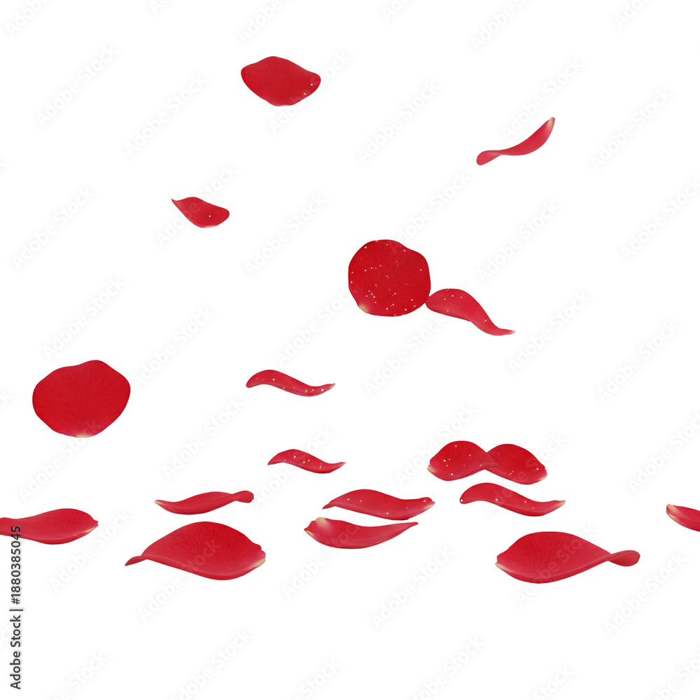 Naklejka premium Scattered red rose petals falling on white background