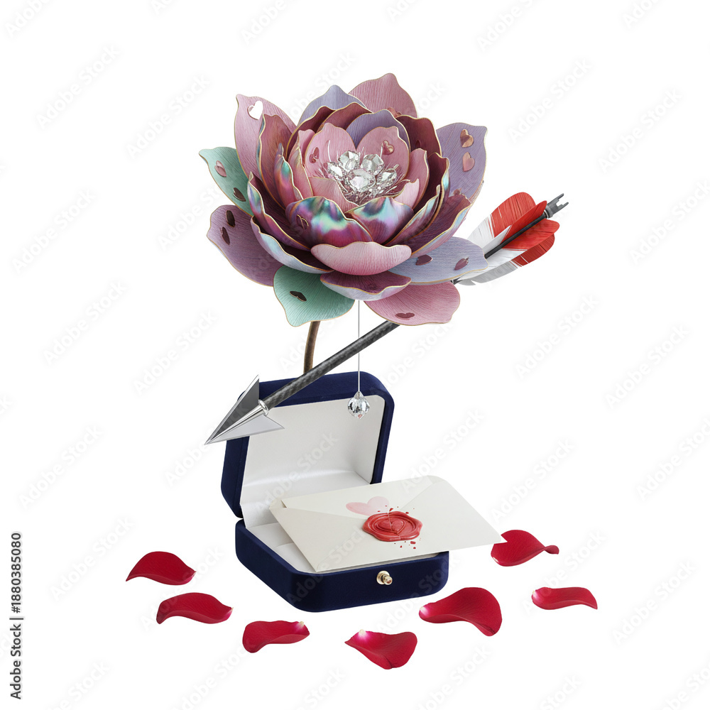 Fototapeta premium Large decorative flower with arrow over velvet jewelry box