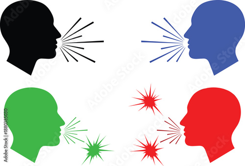 Human face silhouettes speaking sound waves, communication concept illustration, voice expression, conversation symbols, speech, dialogue, colorful profile heads graphic