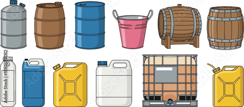 Industrial container illustration set, barrels drums jerrycans tanks buckets wooden casks plastic canisters storage vessels vector icons isolated colorful collection