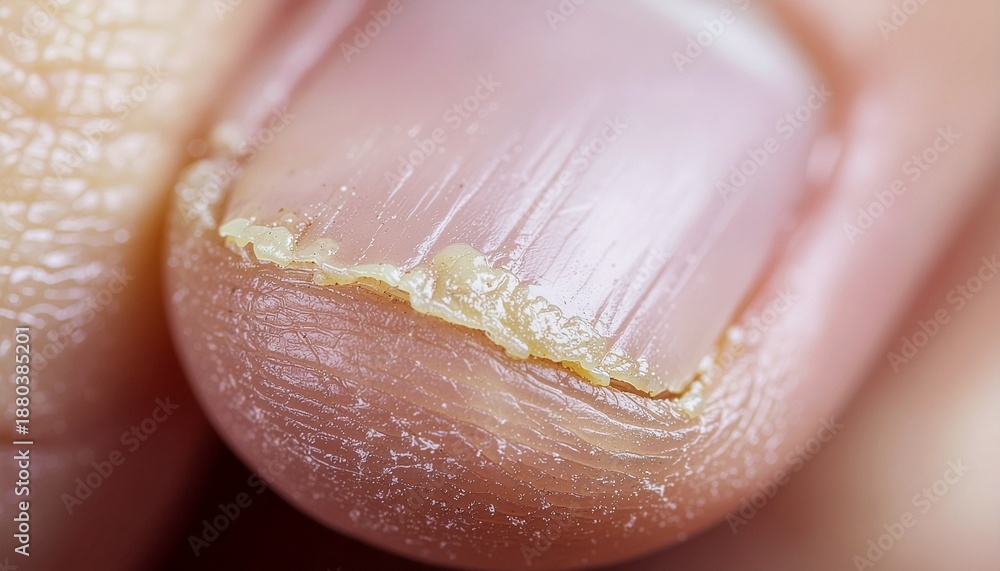 Fototapeta premium Detailed macro perspective of an unhealthy human fingernail exhibiting signs of fungal infection or significant damage, presenting a crumbling and discolored nail plate requiring attention