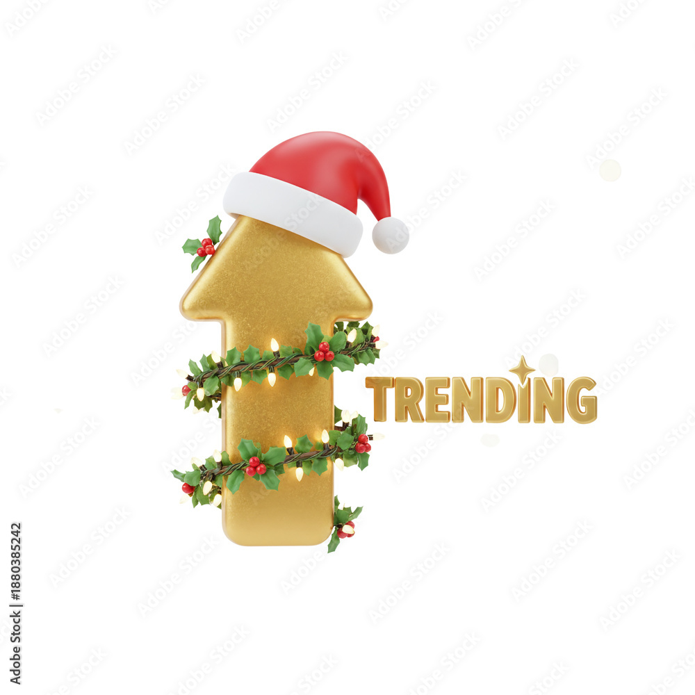 Fototapeta premium Gold Christmas trending arrow with Santa hat and festive lights