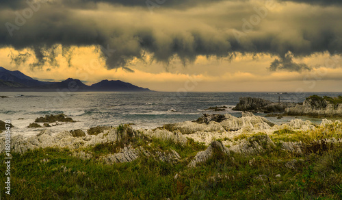Kaikoura East Coast New Zealand in the stormy sunset