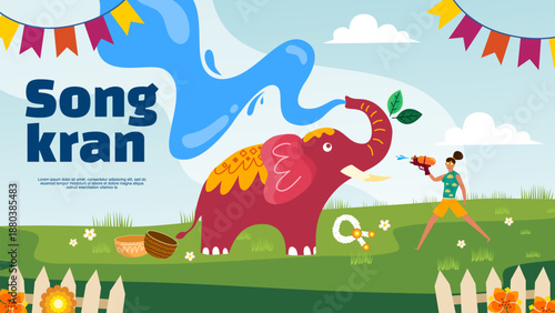 Cute elephant and girl playing water together at songkran festival outdoor park