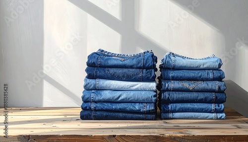 Two neat stacks of classic blue denim jeans, perfectly folded and arranged on a rustic wooden table, with soft natural light casting shadows on the background, symbolizing comfort and timeless fashion