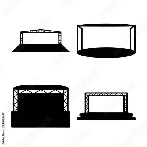 A collection of event stage silhouettes showing various platform and truss designs for performance and gathering