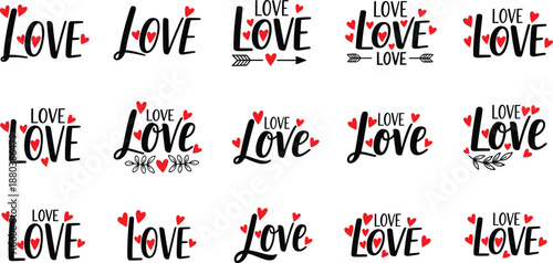 Love hand lettering typography collection with red hearts, playful scripts and decorative elements, romantic valentine design set isolated on white background