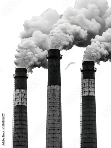 Industrial smokestacks emit pollution isolated on transparent background