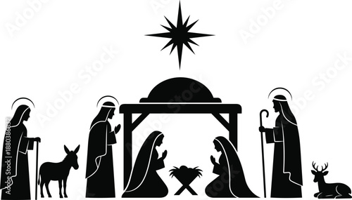 Nativity scene silhouette featuring Mary, Joseph and baby Jesus with shepherds, animals and Bethlehem star, Christmas religious illustration isolated on white background
