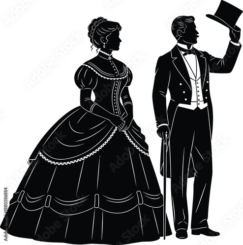 Victorian era couple silhouette in elegant formal attire, gentleman tipping top hat and lady in classic dress isolated on white background