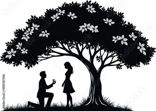 Romantic marriage proposal silhouette under blossoming tree, man kneeling with ring, love engagement concept isolated on white background